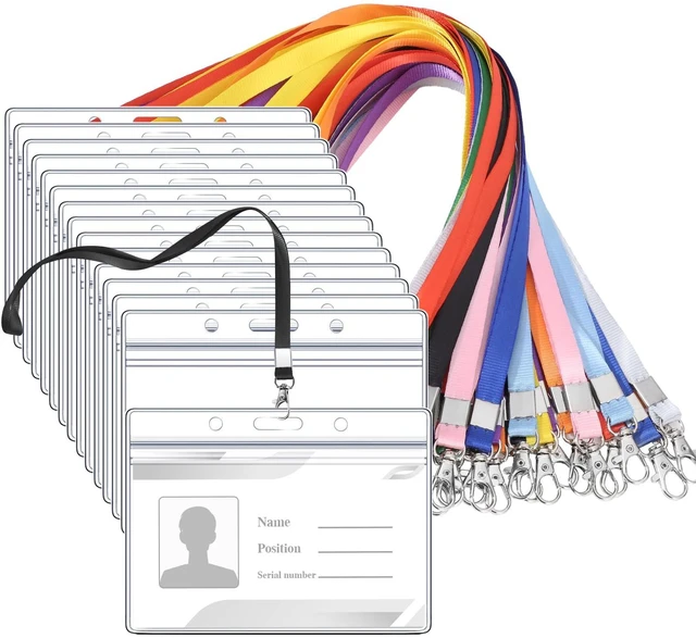 Main image of 30 Pack Id Badge Lanyards with Clear Holders, Multicolor 10 Colors, Polyester Lanyards, Waterproof Horizontal Holders, 17.7 In Strap, Fits School, Office, Events