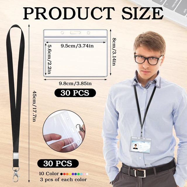 Alt view image 4 of 7 - 30 Pack Id Badge Lanyards with Clear Holders, Multicolor 10 Colors, Polyester Lanyards, Waterproof Horizontal Holders, 17.7 In Strap, Fits School, Office, Events