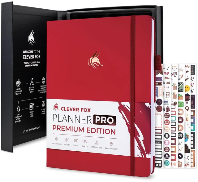 Main image of Planner PRO Premium, Undated Weekly, Daily, Budget, Red 8.5x11" Not dated, Eco leather hardcover, box, stickers, Detailed vision & goal setter, Weekly pages & Monthly calendars