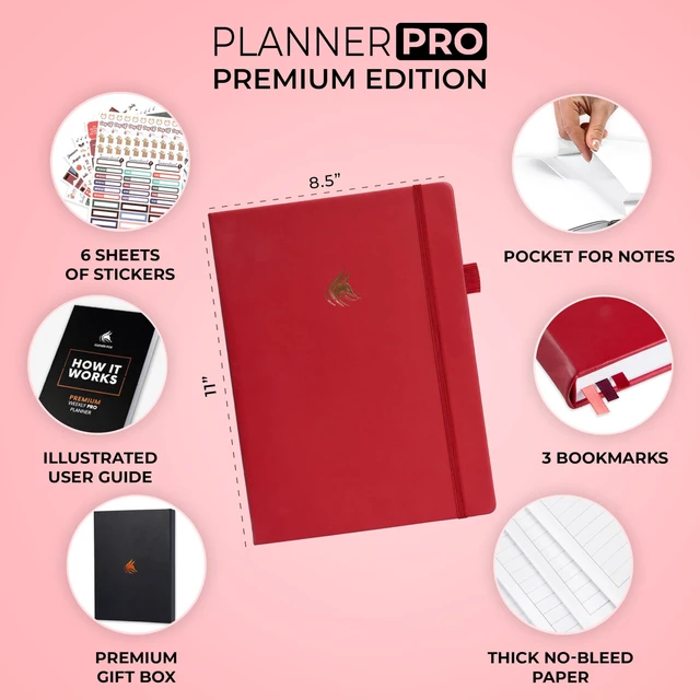 Alt view image 2 of 7 - Planner PRO Premium, Undated Weekly, Daily, Budget, Red 8.5x11" Not dated, Eco leather hardcover, box, stickers, Detailed vision & goal setter, Weekly pages & Monthly calendars
