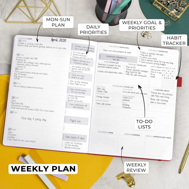 Alt view image 3 of 7 - Planner PRO Premium, Undated Weekly, Daily, Budget, Red 8.5x11" Not dated, Eco leather hardcover, box, stickers, Detailed vision & goal setter, Weekly pages & Monthly calendars