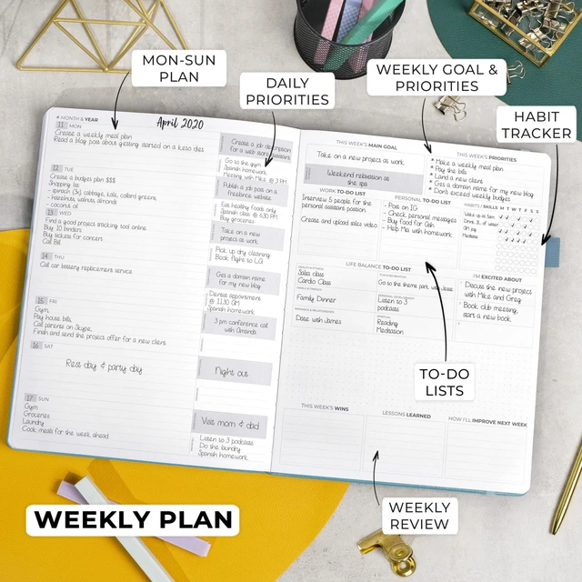 Alt view image 3 of 7 - Planner PRO Premium, Undated Weekly, Daily, Budget, Aquamarine 8.5x11" Not dated, Eco leather hardcover, box, stickers, Detailed vision & goal setter, Weekly pages & Monthly calendars