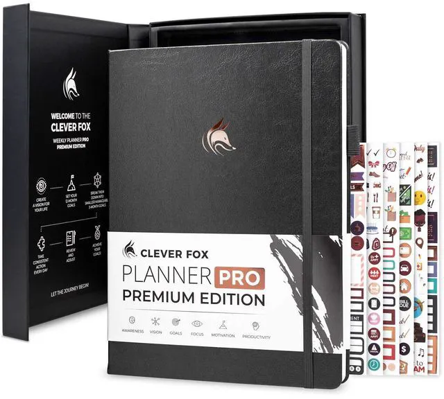 Main image of Planner PRO Premium, Undated Weekly, Daily, Budget, Silver Black 8.5x11" Not dated, Eco leather hardcover, box, stickers, Detailed vision & goal setter, Weekly pages & Monthly calendars