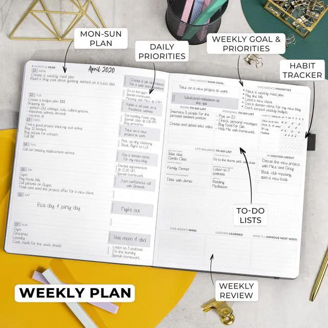 Alt view image 3 of 7 - Planner PRO Premium, Undated Weekly, Daily, Budget, Silver Black 8.5x11" Not dated, Eco leather hardcover, box, stickers, Detailed vision & goal setter, Weekly pages & Monthly calendars