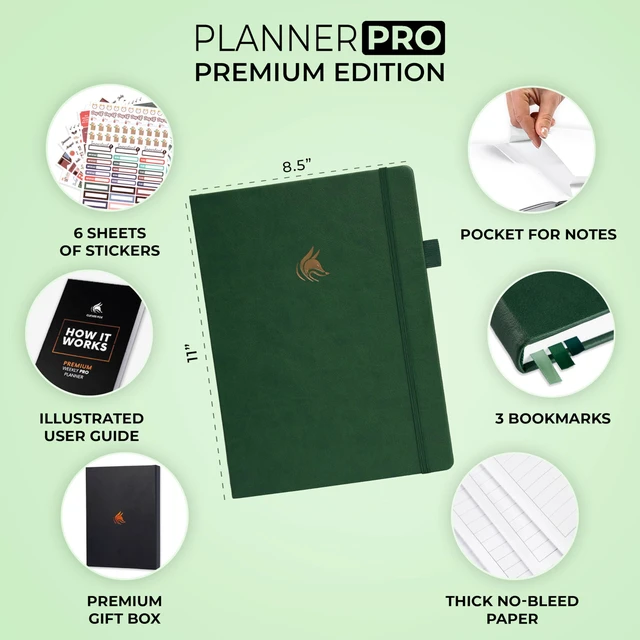 Alt view image 2 of 7 - Planner PRO Premium, Undated Weekly, Daily, Budget, Forest Green 8.5x11" Not dated, Eco leather hardcover, box, stickers, Detailed vision & goal setter, Weekly pages & Monthly calendars