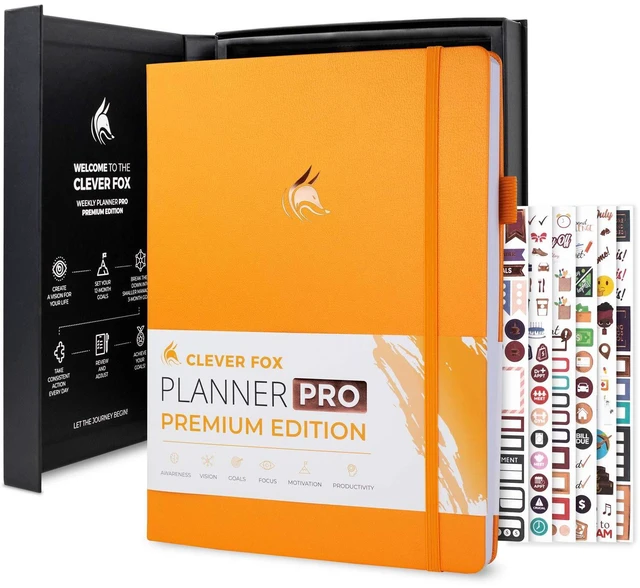 Main image of Planner PRO Premium, Undated Weekly, Daily, Budget, Amber Yellow 8.5x11" Not dated, Eco leather hardcover, box, stickers, Detailed vision & goal setter, Weekly pages & Monthly calendars