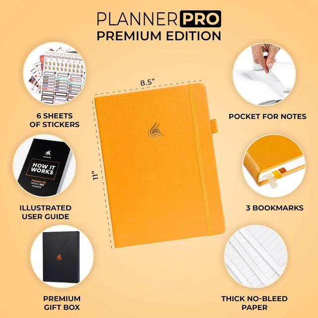 Alt view image 2 of 7 - Planner PRO Premium, Undated Weekly, Daily, Budget, Amber Yellow 8.5x11" Not dated, Eco leather hardcover, box, stickers, Detailed vision & goal setter, Weekly pages & Monthly calendars