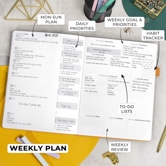 Alt view image 3 of 7 - Planner PRO Premium, Undated Weekly, Daily, Budget, Amber Yellow 8.5x11" Not dated, Eco leather hardcover, box, stickers, Detailed vision & goal setter, Weekly pages & Monthly calendars