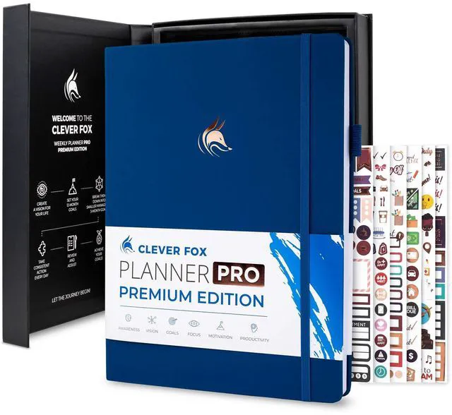 Main image of Planner PRO Premium, Undated Weekly, Daily, Budget, Navy Blue 8.5x11" Not dated, Eco leather hardcover, box, stickers, Detailed vision & goal setter, Weekly pages & Monthly calendars