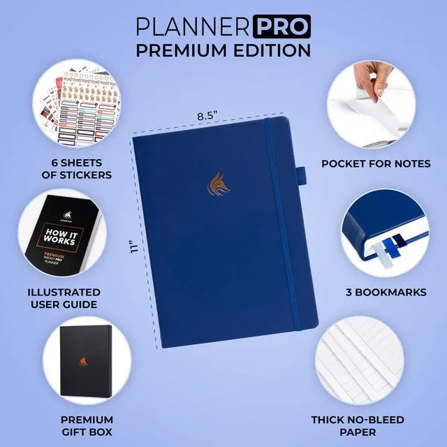 Alt view image 2 of 7 - Planner PRO Premium, Undated Weekly, Daily, Budget, Navy Blue 8.5x11" Not dated, Eco leather hardcover, box, stickers, Detailed vision & goal setter, Weekly pages & Monthly calendars