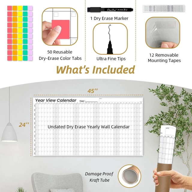Alt view image 5 of 7 - Large Dry Erase Wall Calendar - 24"x 45" Undated 12-Month Yearly Wall Calendar for Home, Office, Classroom - 50 Reusable Dry Erase Color Tabs Included