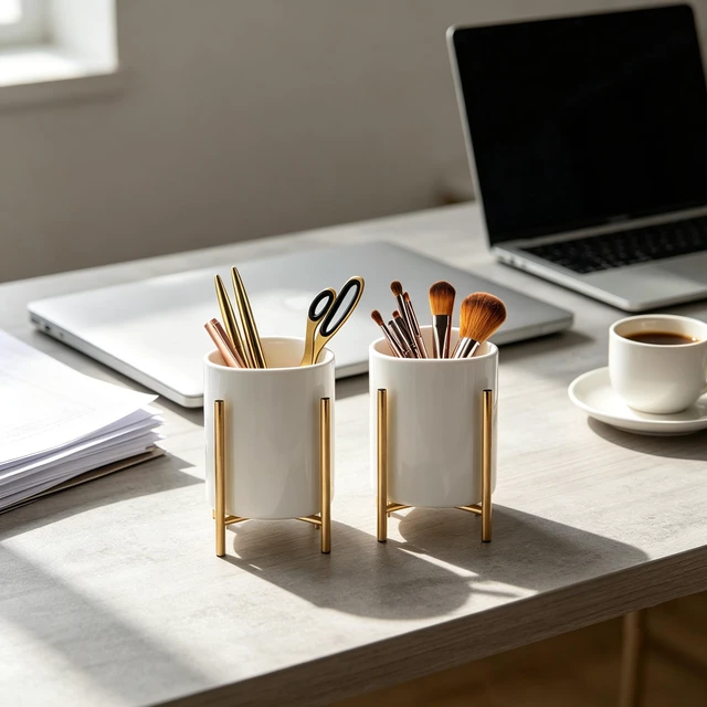 Alt view image 3 of 7 - Gold pencil cup Sturdy metal frame with white ceramic pen holder For desks and kitchen appliance holders