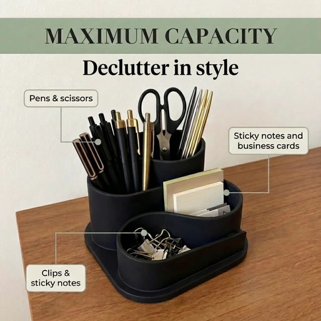 Alt view image 6 of 6 - Black Modern Desk Organizer - Minimalist Desk Accessories Pen Holder Pencil Holder for Desk - Minimalist Desk Accessories & Workspace Organizers - Desk Pen Organizer - Modern Office Decor