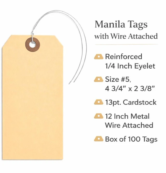 Alt view image 3 of 7 - Label Tags with Wire Attached - 4 3/4" x 2 3/8" Box of 100 Blank Manila Tags with Reinforced Hole and Metal Wire Ties, Labels with Wire