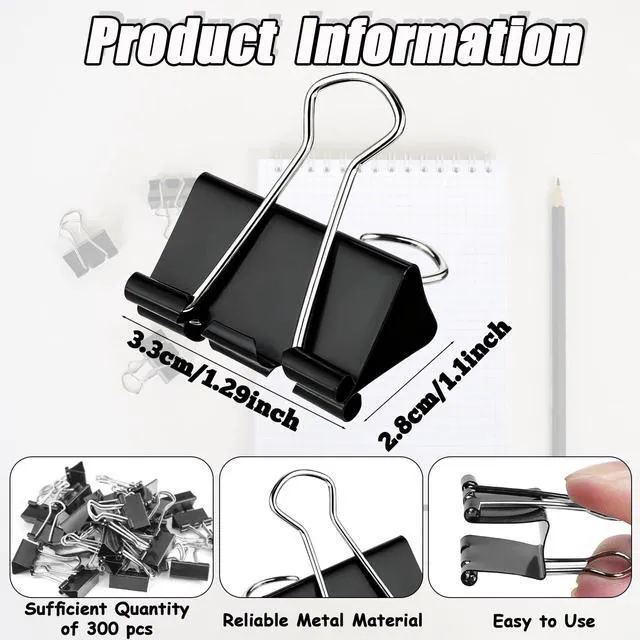 Alt view image 3 of 7 - 300 Pcs Medium Binder Clips Bulk 1.25 Inch Heavy Duty Paper Clamps Black Metal Binding Med Clips Office Supplies for Teachers Business