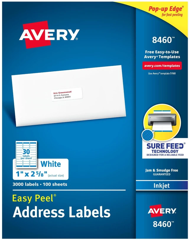 Main image of ® Easy Peel® Printable Address Labels, Sure Feed® Technology, 1" x 2-5/8" Customizable Stickers, White, 3,000 Blank Mailing Labels, Great for Mailing, Shipping, and More (8460)