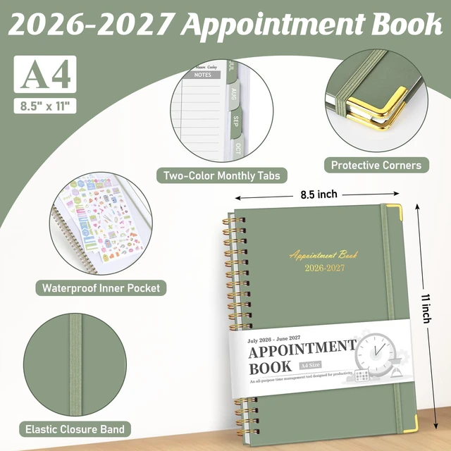 Alt view image 2 of 6 - Appointment Book 2026-2027, 30-Minute Interval Hourly Planner, 8.5"×11" July 2026 - June 2027, Weekly & Monthly Appointment Planner, Daily Academic Planner for Office School, Green