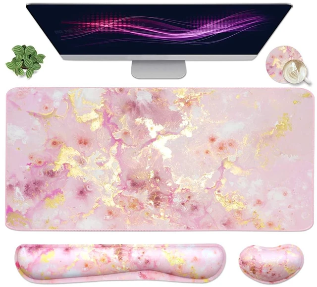 Main image of Large Mouse Pad and Keyboard Wrist Rest, Desk Pad for Keyboard and Mouse, 4-in-1 Large Gaming Mouse Pad with Wrist Support, Non-Slip Desk Mat for Home Office Study Game-Pink Gold Marble