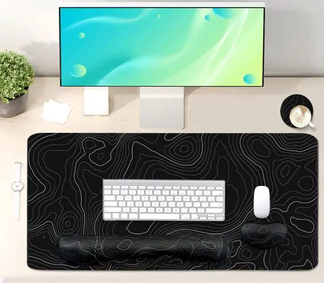 Alt view image 6 of 7 - Topographic Large Mouse Pad and Keyboard Wrist Rest, Desk Pad for Keyboard and Mouse, 4-in-1 Large Gaming Mouse Pad with Wrist Support, Non-Slip Desk Mat for Home Office Study Game-Topographic Contour