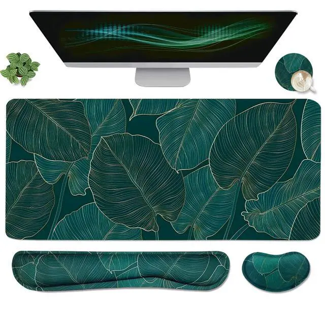 Main image of Ergonomic Large Mouse Pad and Keyboard Wrist Rest, Desk Pad for Keyboard and Mouse, 4-in-1 Large Gaming Mouse Pad with Wrist Support for Home Office Study Game-Green Leaves