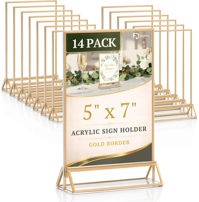 Main image of Acrylic Sign Holder 5x7, 14 Pack Double-Sided Gold Tabletop Frame Double-Sided Gold Acrylic Sign Holder and Table Number Frames for Menus, Flyers, Weddings and Restaurants