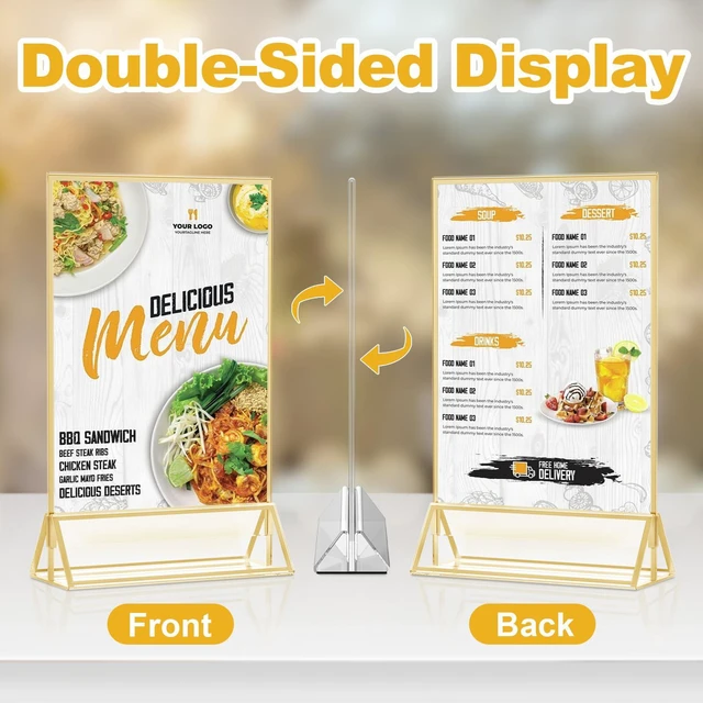 Alt view image 3 of 7 - Acrylic Sign Holder 5x7, 14 Pack Double-Sided Gold Tabletop Frame Double-Sided Gold Acrylic Sign Holder and Table Number Frames for Menus, Flyers, Weddings and Restaurants
