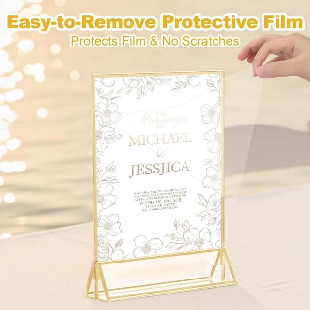 Alt view image 2 of 7 - Acrylic Sign Holder 5x7, 14 Pack Double-Sided Gold Tabletop Frame Double-Sided Gold Acrylic Sign Holder and Table Number Frames for Menus, Flyers, Weddings and Restaurants