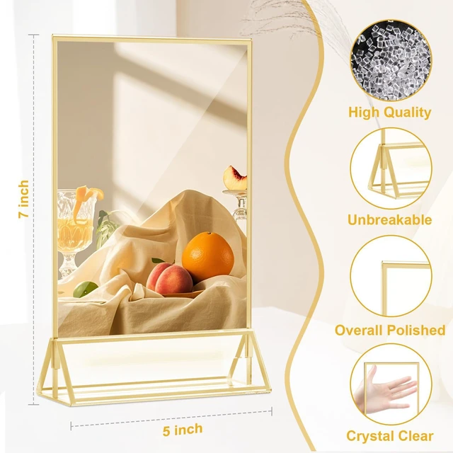 Alt view image 4 of 7 - Acrylic Sign Holder 5x7, 14 Pack Double-Sided Gold Tabletop Frame Double-Sided Gold Acrylic Sign Holder and Table Number Frames for Menus, Flyers, Weddings and Restaurants