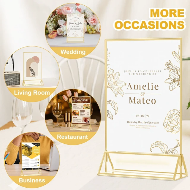 Alt view image 6 of 7 - Acrylic Sign Holder 5x7, 14 Pack Double-Sided Gold Tabletop Frame Double-Sided Gold Acrylic Sign Holder and Table Number Frames for Menus, Flyers, Weddings and Restaurants