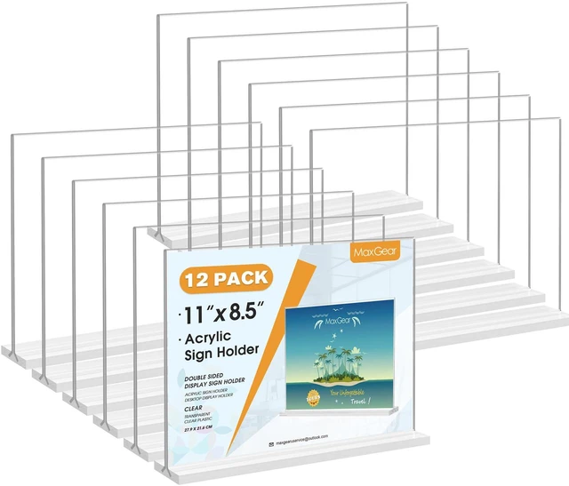 Main image of Acrylic Sign Holder Horizontal Double Sided Display Stand 12 Pack Clear Acrylic, Double Sided Display, Bottom Loading, 11x8.5 Inch, Stable Base, Easy Insert, Menu Flyer Use, Office Restaurant