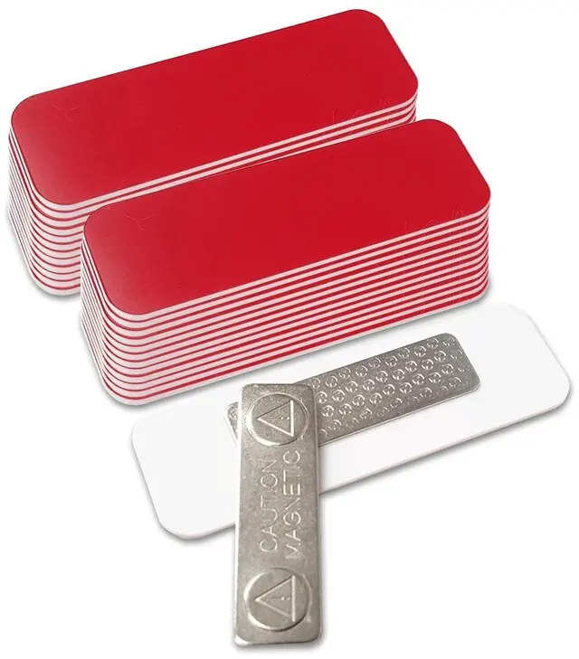 Main image of Red Name Tag Blanks 25 Pack, 1" x 3", Round Corners, Durable Plastic Engravable Badges with Magnetic Backing Badges