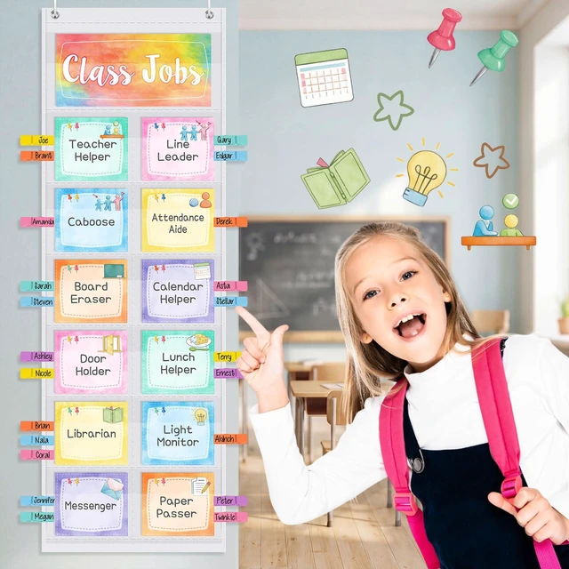 Alt view image 5 of 7 - Watercolor Class Jobs Pocket Chart Class Helpers Pocket Chart Classroom Jobs Chart Cards with Clips and Hooks Teacher Helper Bulletin Board Set, Back to School Classroom Teacher Supplies