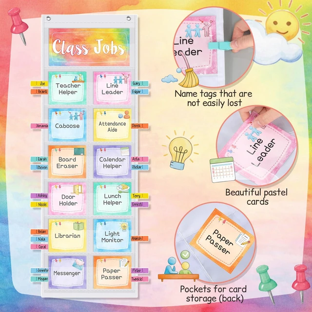 Alt view image 3 of 7 - Watercolor Class Jobs Pocket Chart Class Helpers Pocket Chart Classroom Jobs Chart Cards with Clips and Hooks Teacher Helper Bulletin Board Set, Back to School Classroom Teacher Supplies