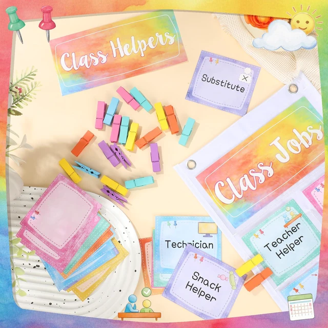 Alt view image 4 of 7 - Watercolor Class Jobs Pocket Chart Class Helpers Pocket Chart Classroom Jobs Chart Cards with Clips and Hooks Teacher Helper Bulletin Board Set, Back to School Classroom Teacher Supplies