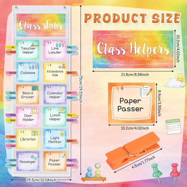Alt view image 2 of 7 - Watercolor Class Jobs Pocket Chart Class Helpers Pocket Chart Classroom Jobs Chart Cards with Clips and Hooks Teacher Helper Bulletin Board Set, Back to School Classroom Teacher Supplies