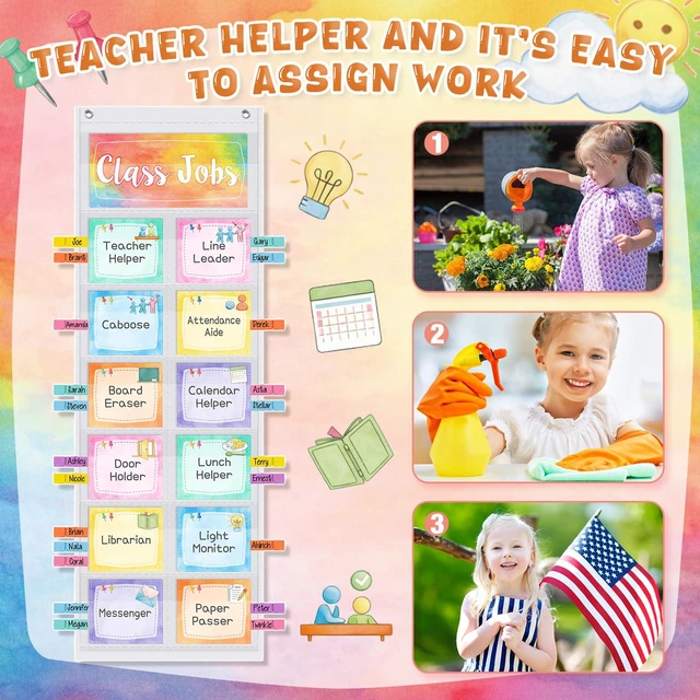 Alt view image 6 of 7 - Watercolor Class Jobs Pocket Chart Class Helpers Pocket Chart Classroom Jobs Chart Cards with Clips and Hooks Teacher Helper Bulletin Board Set, Back to School Classroom Teacher Supplies
