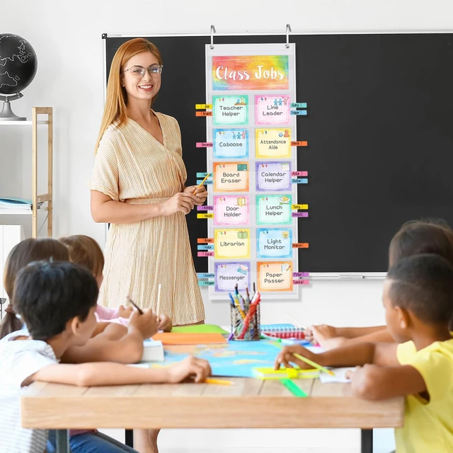 Alt view image 7 of 7 - Watercolor Class Jobs Pocket Chart Class Helpers Pocket Chart Classroom Jobs Chart Cards with Clips and Hooks Teacher Helper Bulletin Board Set, Back to School Classroom Teacher Supplies