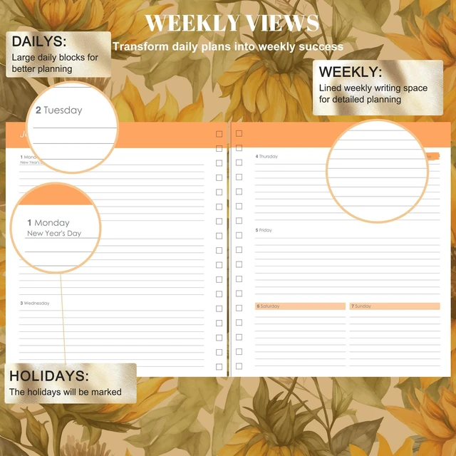 Alt view image 3 of 7 - 18 Month Planner 2026-2027 Weekly Monthly Hardcover Gift for Women 100GSM No-Bleed Paper, Spiral Hardcover, Laminated Tabs, Pocket, Stickers - Academic Family Calendar Planner for Women Mom