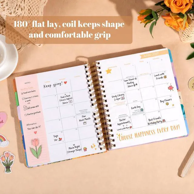 Alt view image 5 of 7 - 18 Month Planner 2026-2027 Weekly Monthly Hardcover Gift for Women 100GSM No-Bleed Paper, Spiral Hardcover, Laminated Tabs, Pocket, Stickers - Academic Family Calendar Planner for Women Mom