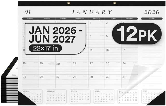 Main image of Desk Calendar 2026-2027 Large 22x17 Desk Calendar Jan 2026 - Jun 2027 Desk Blotter To-do List Planner (Black & White 12 Pack)