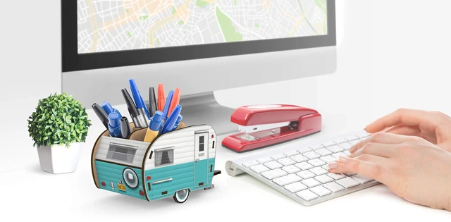Alt view image 3 of 5 - Genuine HAPPY CAMPER Vintage Camper Pencil Holder, White and Blue, Retro Desk Organizer- Great Gift for Coworkers and Travel Enthusiasts - Functional Desk & Cubicle Accessory