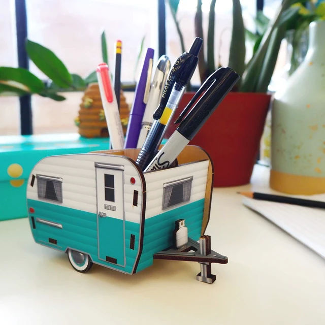 Alt view image 5 of 5 - Genuine HAPPY CAMPER Vintage Camper Pencil Holder, White and Blue, Retro Desk Organizer- Great Gift for Coworkers and Travel Enthusiasts - Functional Desk & Cubicle Accessory