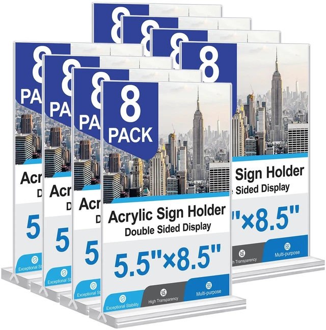 Main image of Acrylic Sign Holder 5.5x8.5 Inches 8 Pack, Double Sided Vertical Clear Display Stand, Plastic Frame Flyer Holder for Tabletop, Office, Restaurant, Store