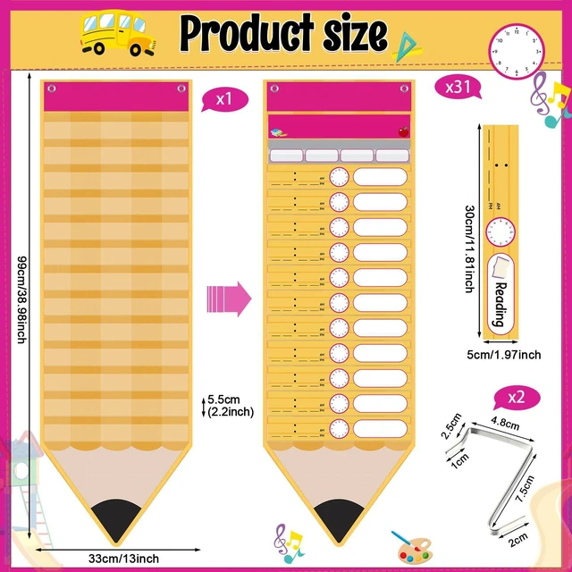Alt view image 2 of 7 - Daily Schedule Pocket Chart with 31 Pencil Cards and 14 Pockets Pencil Schedule Charts Back to School Classroom Decor for School Office Home Educational Activity Supplies