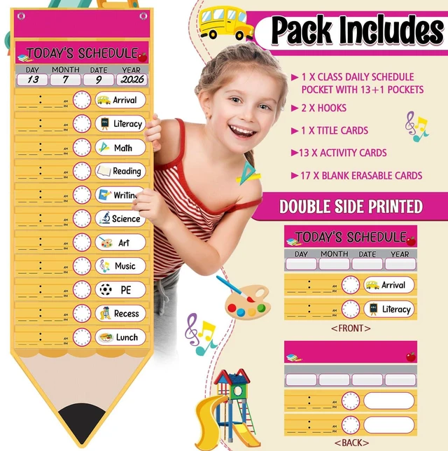 Alt view image 3 of 7 - Daily Schedule Pocket Chart with 31 Pencil Cards and 14 Pockets Pencil Schedule Charts Back to School Classroom Decor for School Office Home Educational Activity Supplies