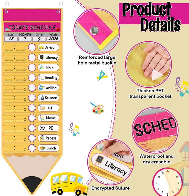 Alt view image 4 of 7 - Daily Schedule Pocket Chart with 31 Pencil Cards and 14 Pockets Pencil Schedule Charts Back to School Classroom Decor for School Office Home Educational Activity Supplies