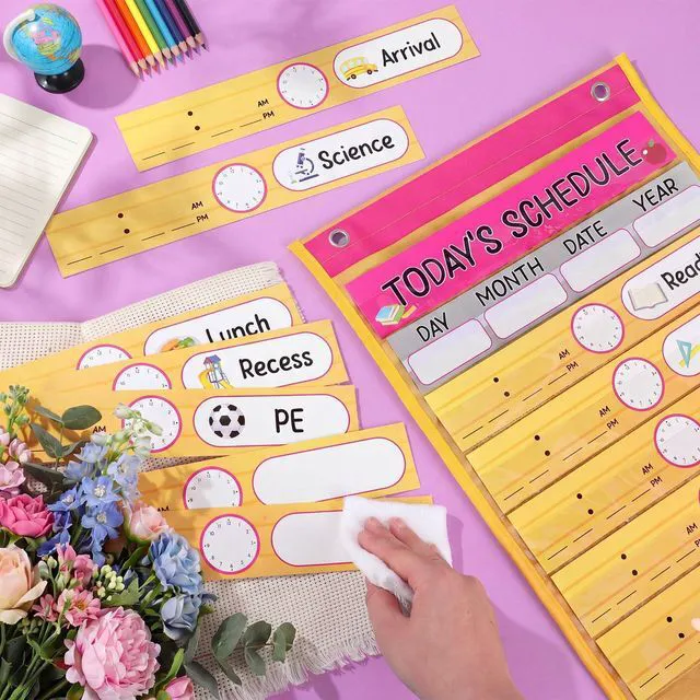 Alt view image 5 of 7 - Daily Schedule Pocket Chart with 31 Pencil Cards and 14 Pockets Pencil Schedule Charts Back to School Classroom Decor for School Office Home Educational Activity Supplies