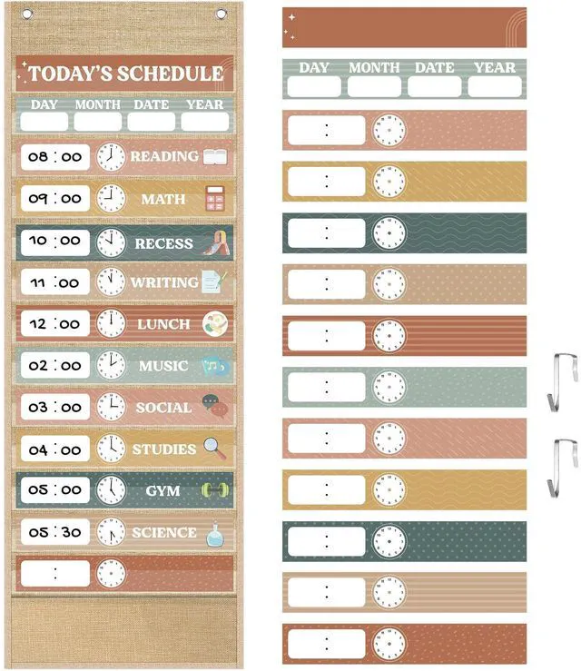 Main image of Burlap Daily Schedule Pocket Chart with 31 Reusable Cards and 14 Pockets Retro Rainbow Classroom Decor Farmhouse Schedule Charts Decorations for Back to School Office Home Educational Activity