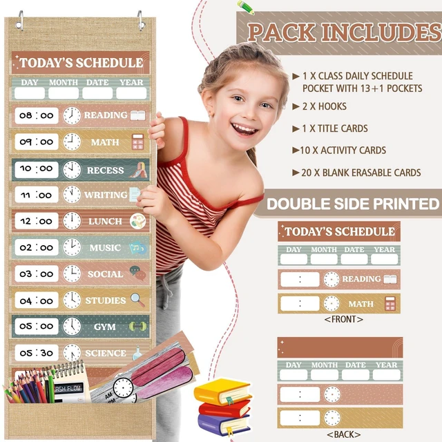 Alt view image 3 of 7 - Burlap Daily Schedule Pocket Chart with 31 Reusable Cards and 14 Pockets Retro Rainbow Classroom Decor Farmhouse Schedule Charts Decorations for Back to School Office Home Educational Activity