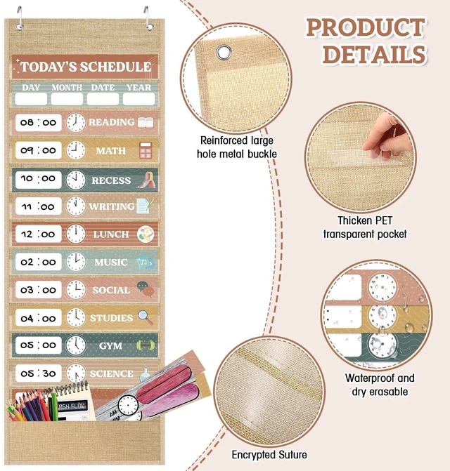 Alt view image 4 of 7 - Burlap Daily Schedule Pocket Chart with 31 Reusable Cards and 14 Pockets Retro Rainbow Classroom Decor Farmhouse Schedule Charts Decorations for Back to School Office Home Educational Activity